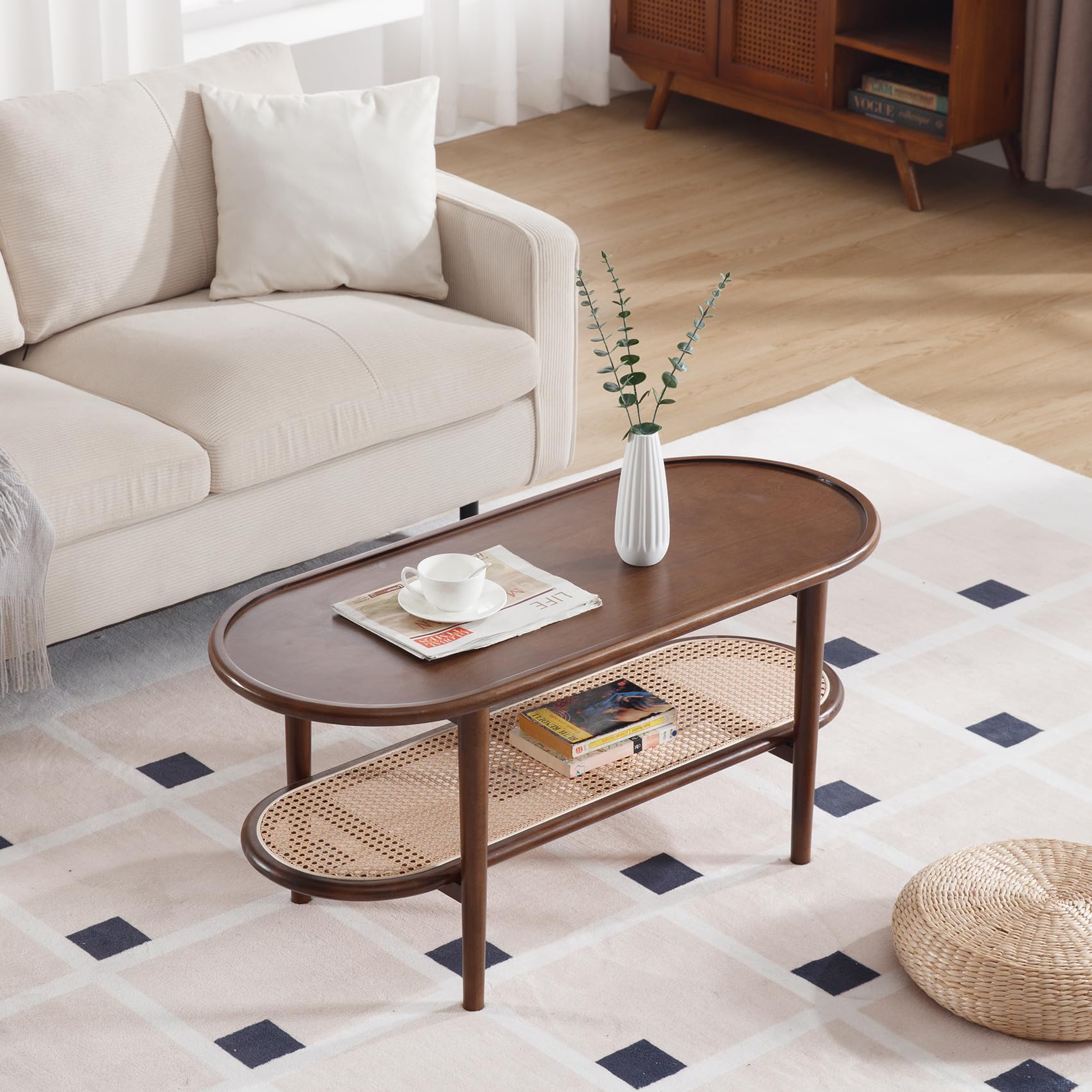 VESCASA 39.5"W Oval Center Rattan Wood Coffee Table - XX11CT