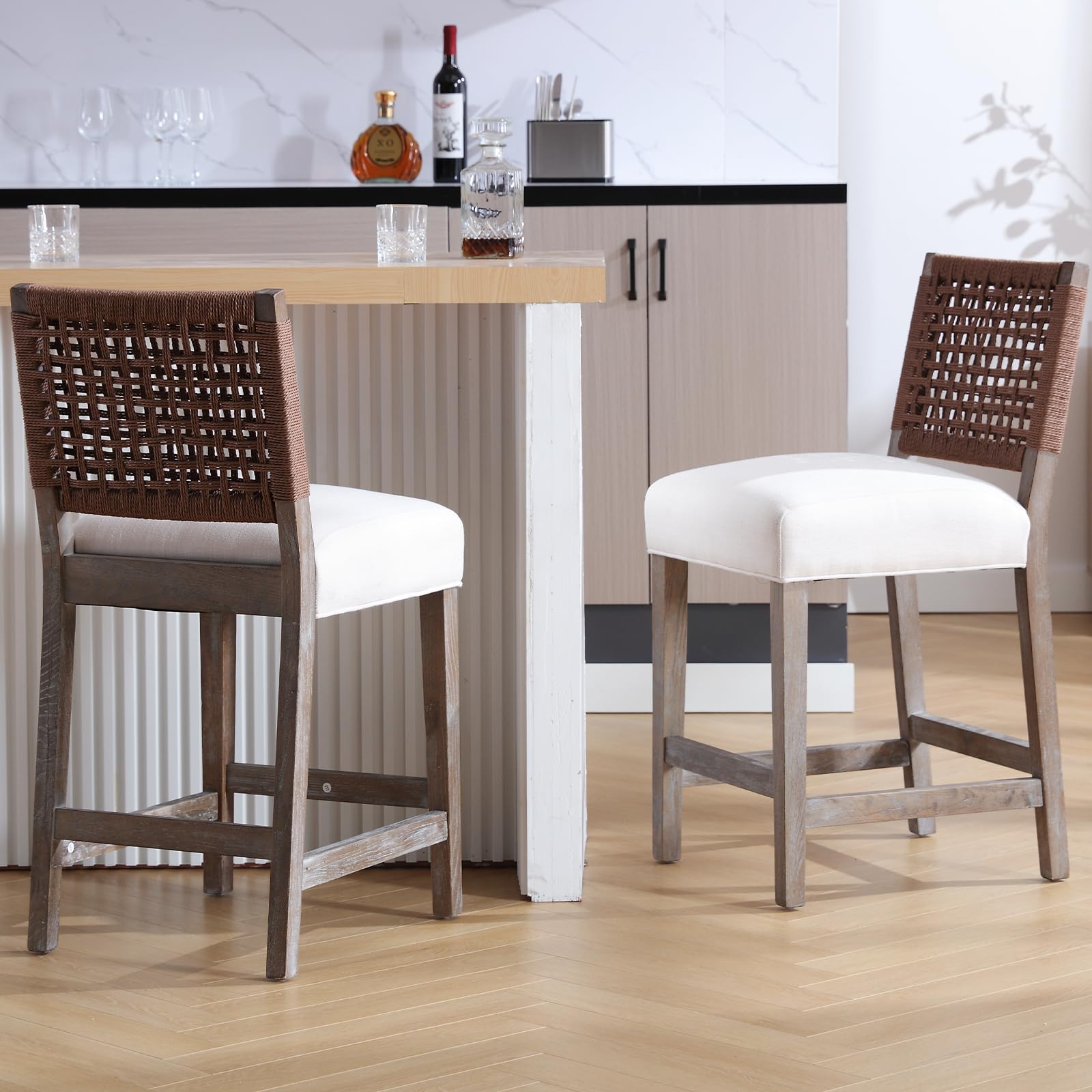 Kmax 27"H Farmhouse Woven Backrest Counter Stools Set of 2 - 2227CS