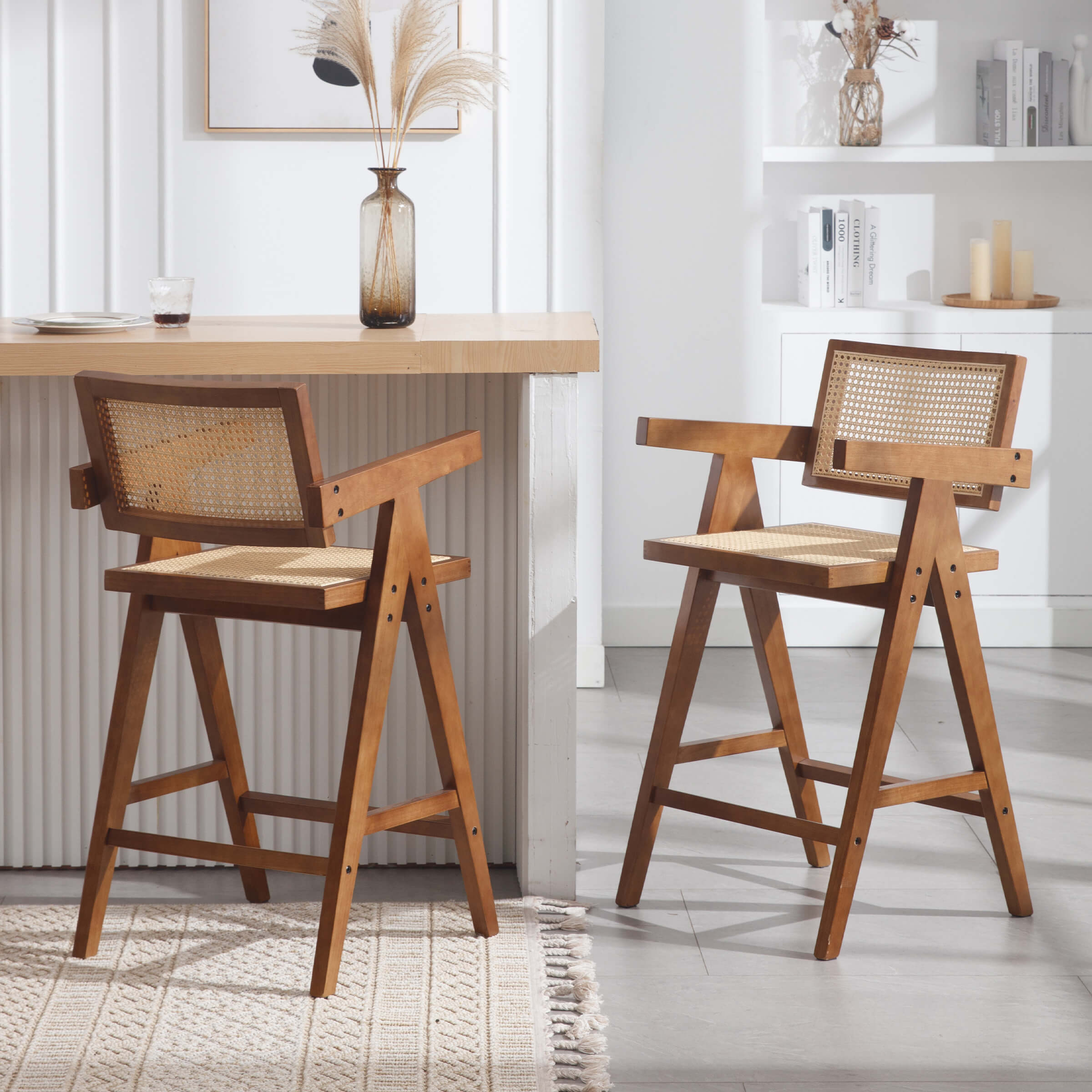 VESCASA Wooden Woven Back Counter Stools Set of 2 - 5805CS