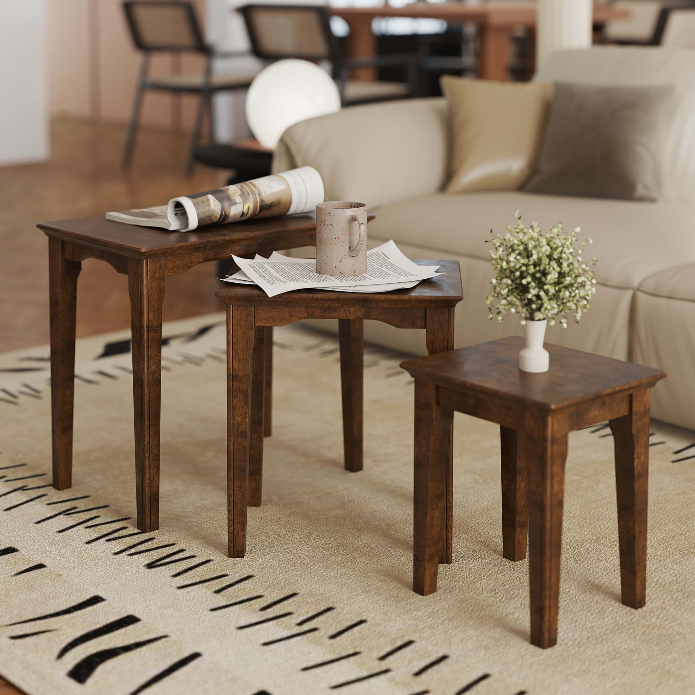 Kmax Solid Wood Rectangular Nesting Side Coffee Tables Set of 3 - 0002ST