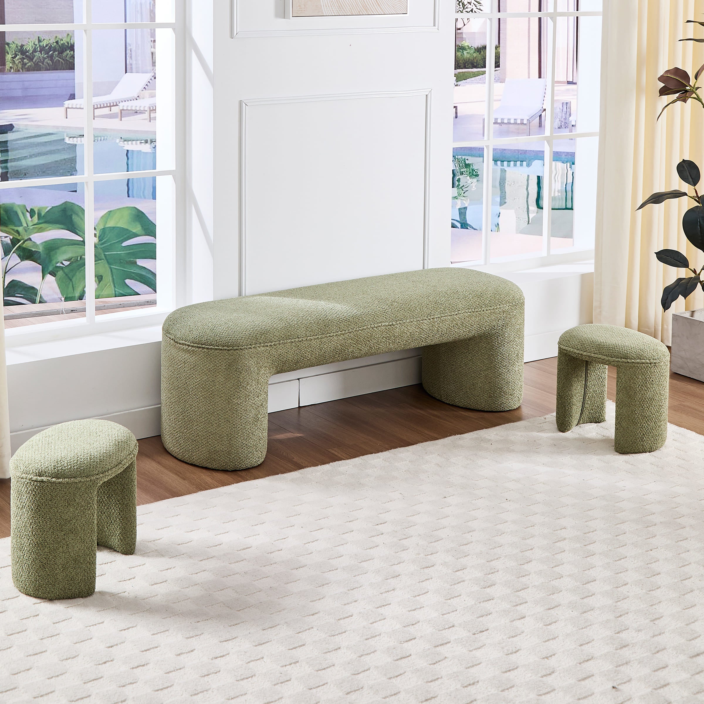 ZH4YOU 53"W Bedroom Bench with 2 Small Stools - 2653BH