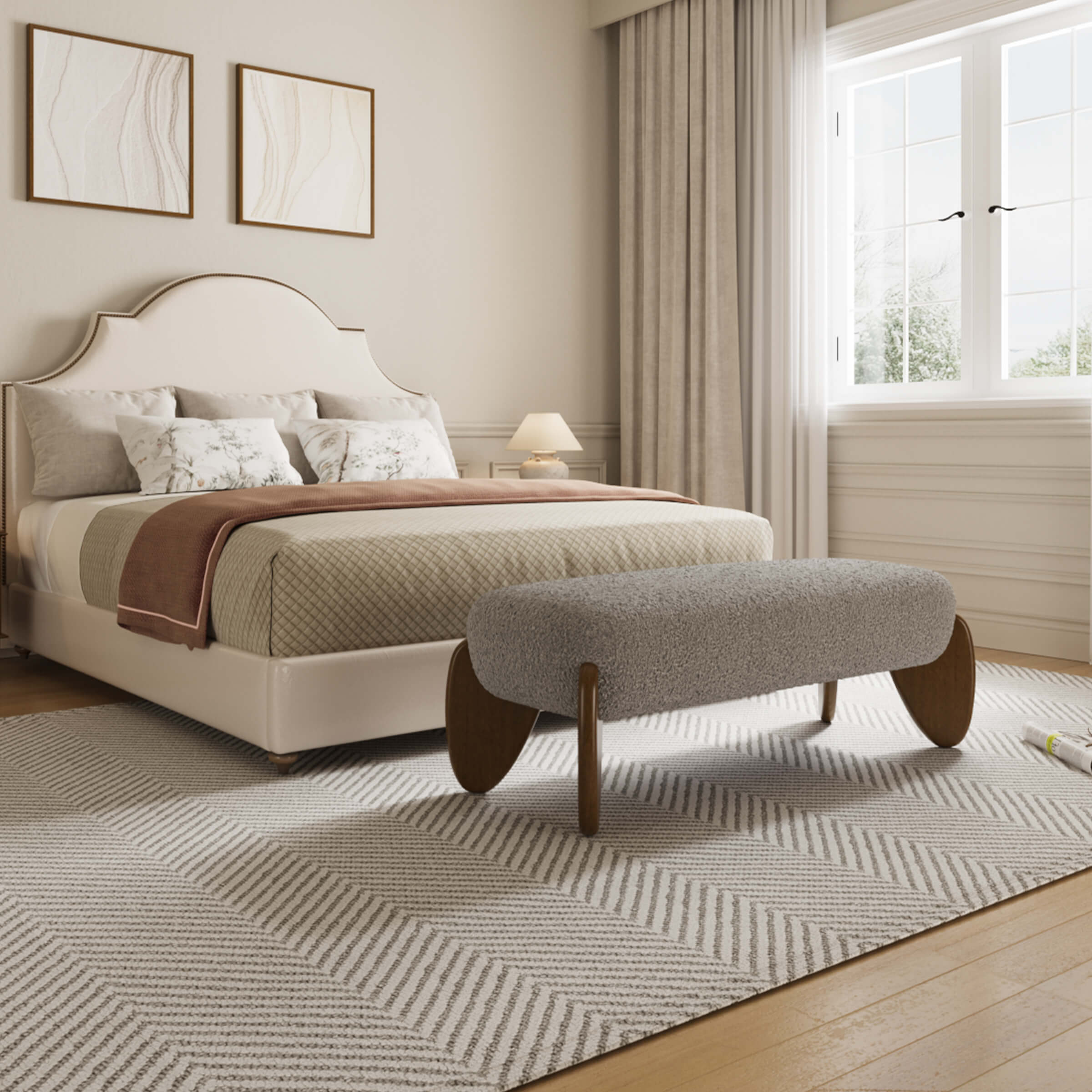 VESCASA 50"L Modern Gray Sherpa Upholstered Bench - 5520BH